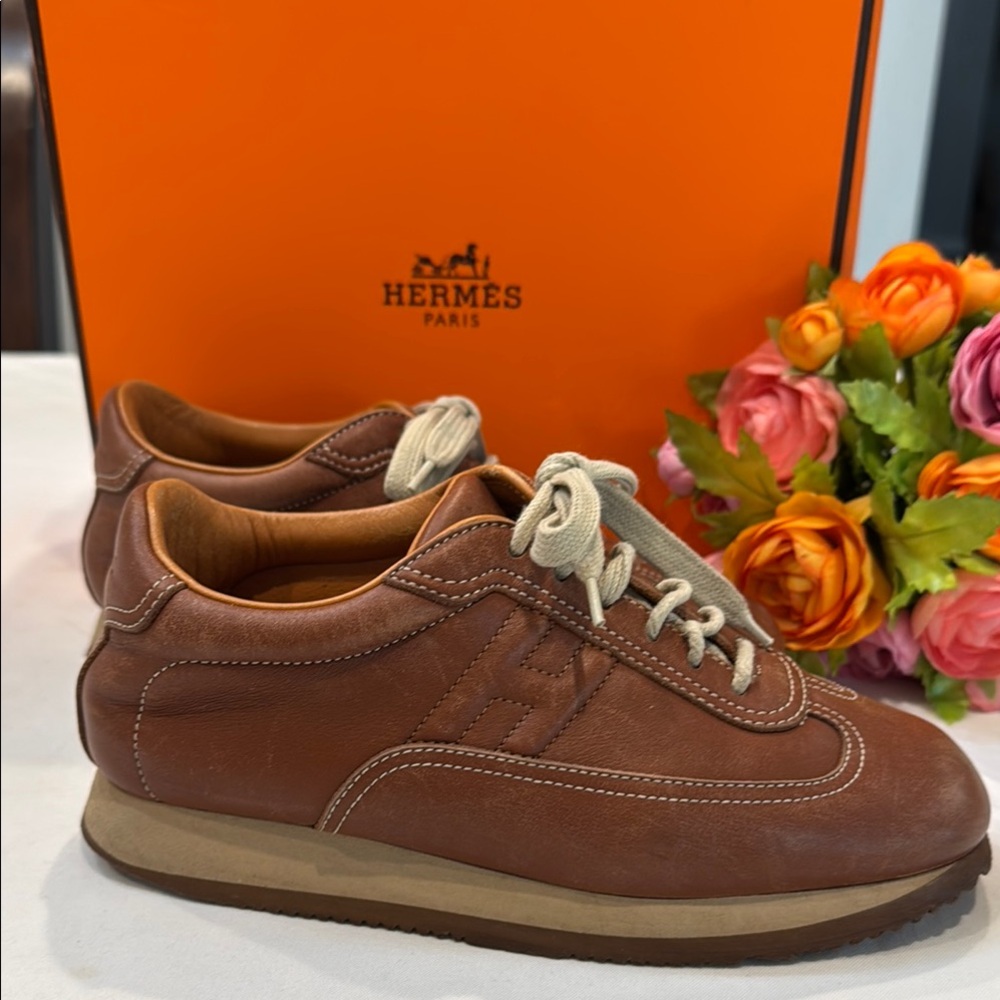 Authentic Hermes Brown Leather Sneakers